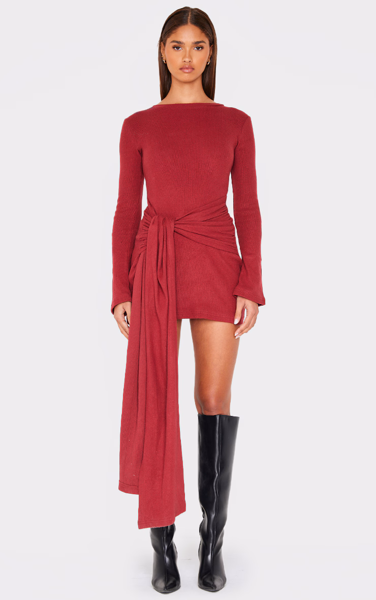 Burgundy Heavy Brushed Rib Boat Neck Wrap Tie Bodycon Dress