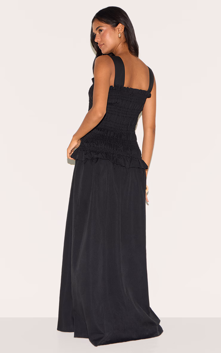 Black Shirred Frill Detail Maxi Dress
