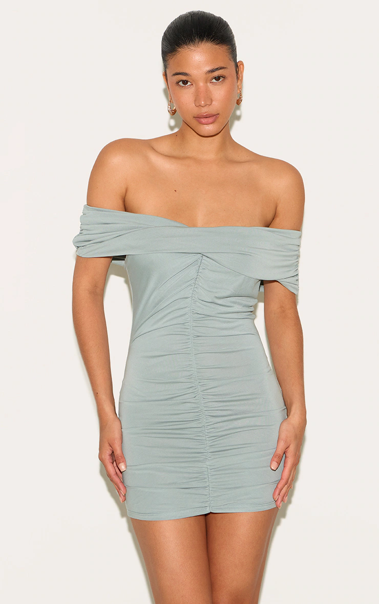 Khaki Modal Ruched Drape Bardot Mini Dress