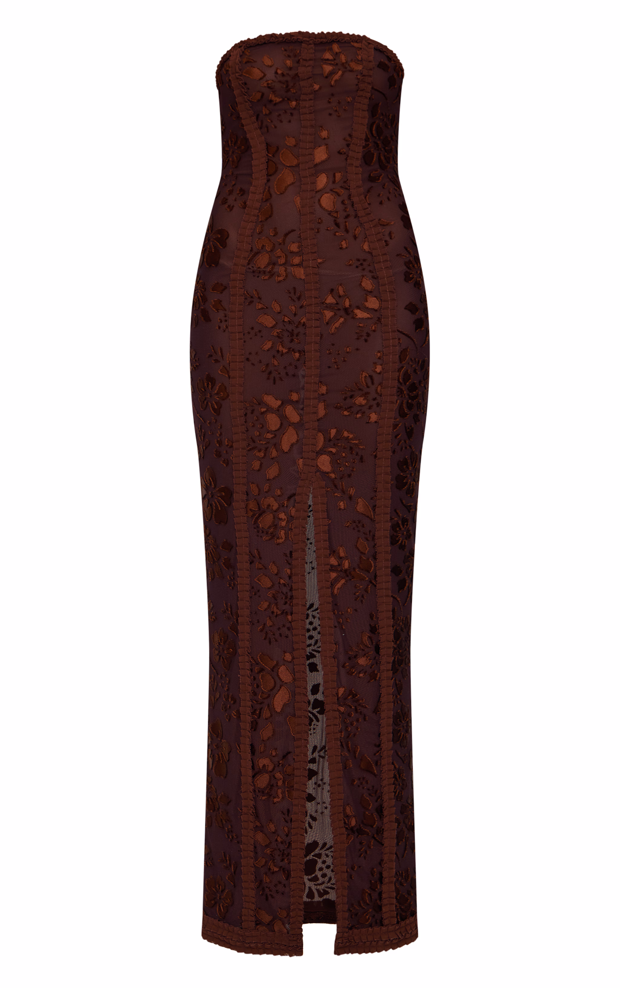 Chocolate Mesh Floral Detail Bandeau Maxi Dress