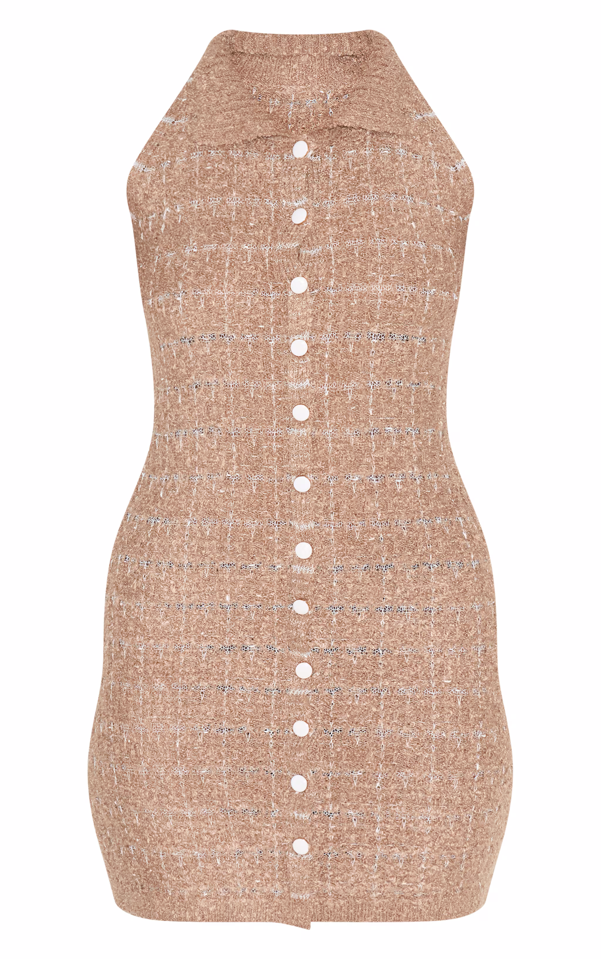 Taupe Boucle Knit Button Through Collar Detal Mini Dress