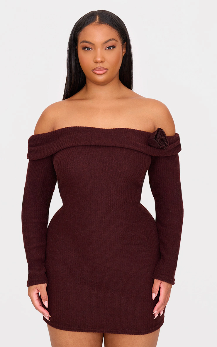 Plus Chocolate Brushed Rib Fold Over Bardot Corsage Detail Bodycon Dress