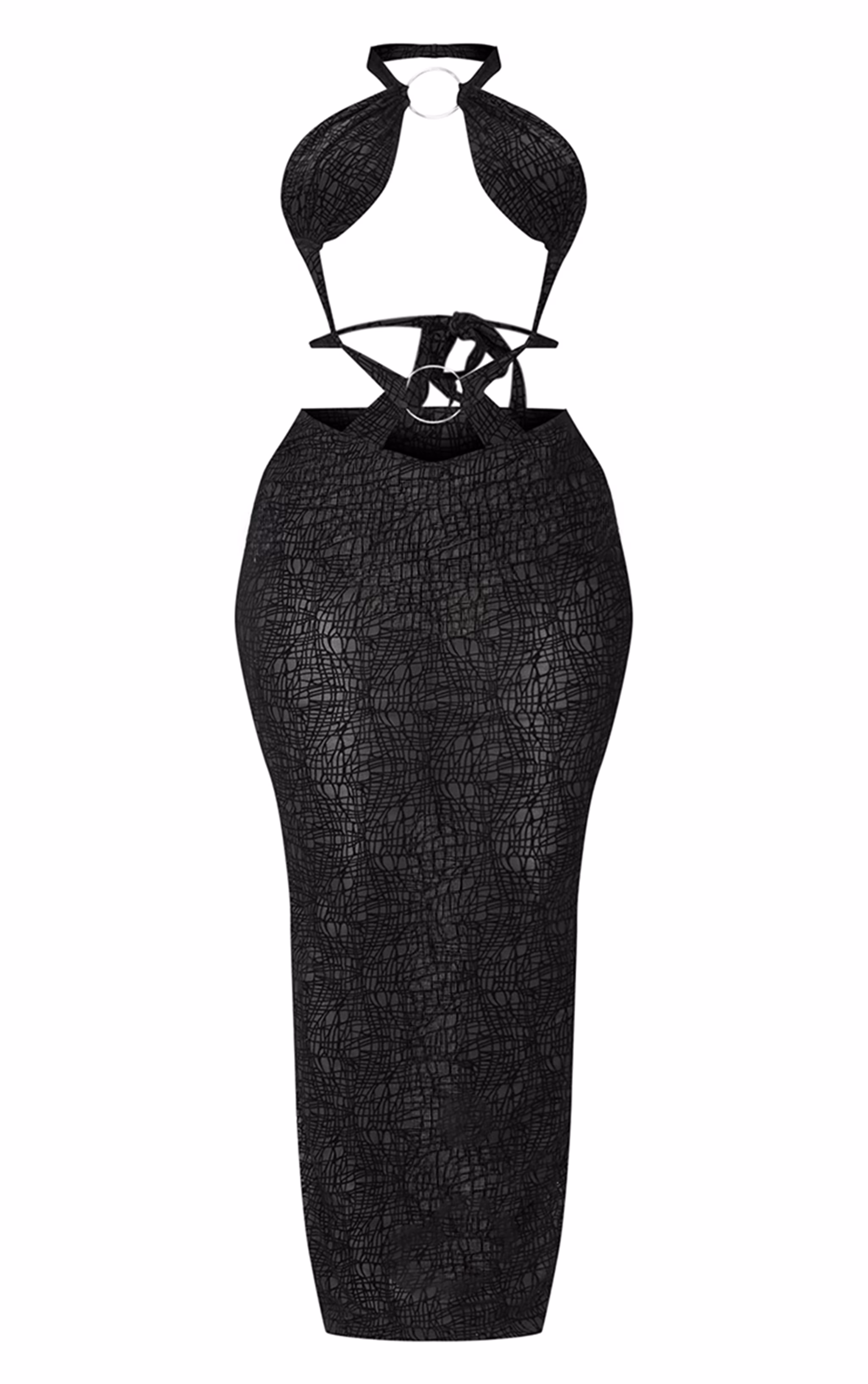 Shape Black Textured Sheer Halterneck Ring Detail Maxi Dress