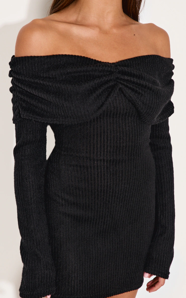 Black Brushed Rib Bardot Long Sleeve Bodycon Dress