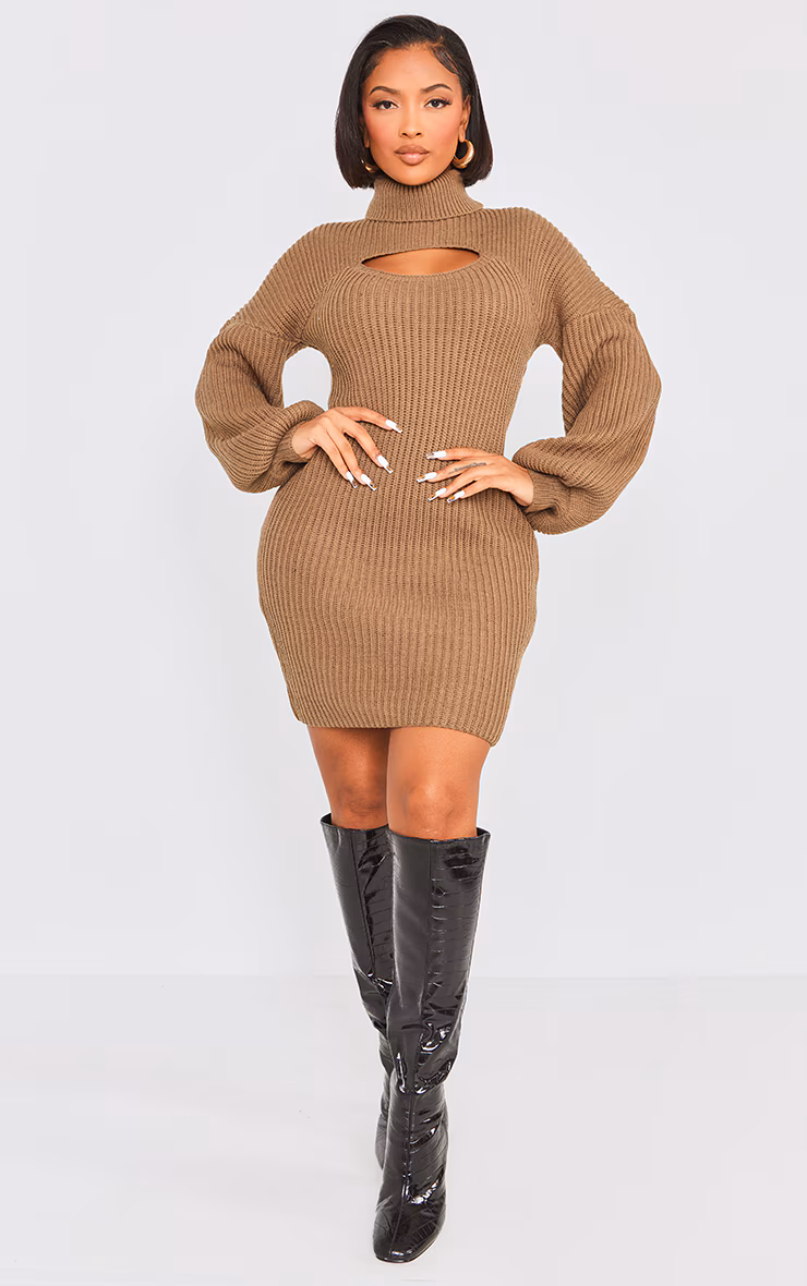 Shape Khaki 2 In 1 High Neck Balloon Sleeve Bodycon Sweater Dress
