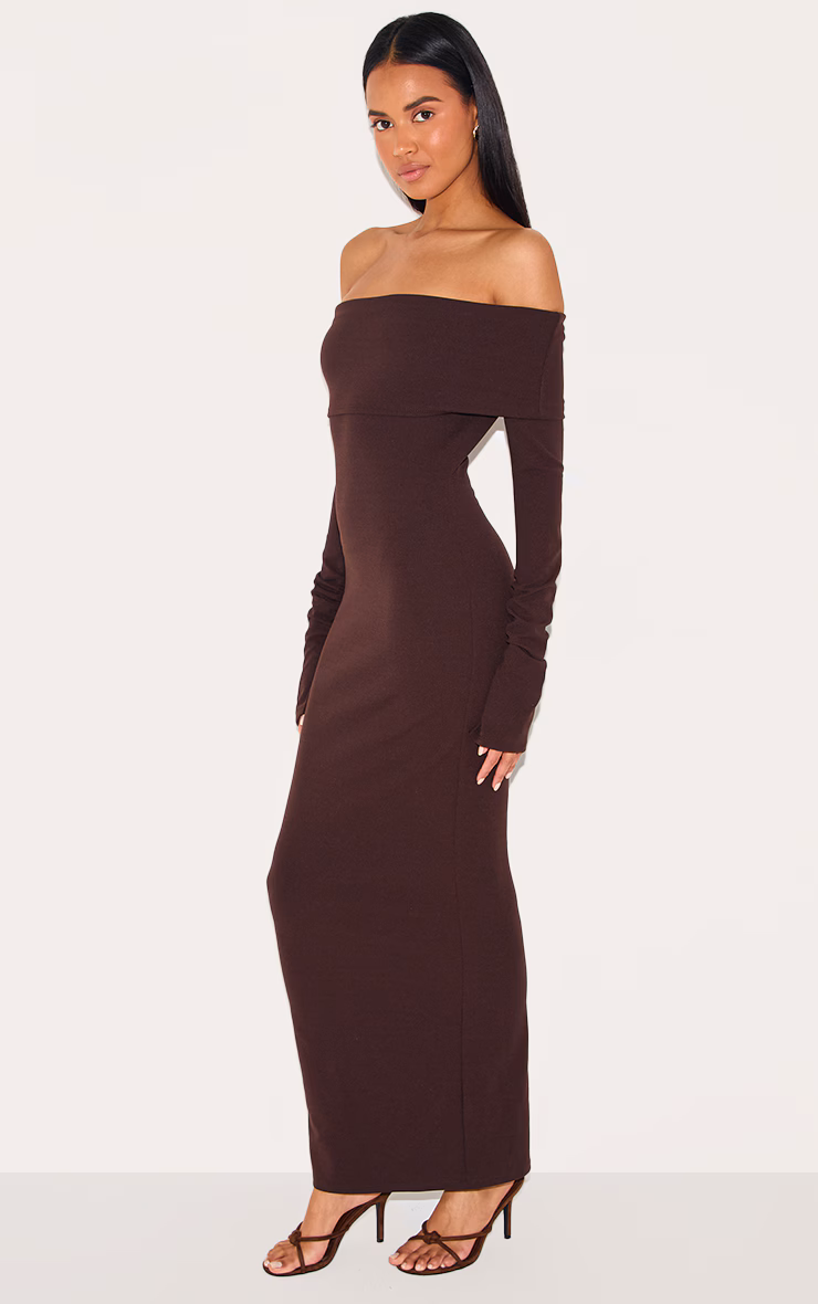 Chocolate Crepe Long Sleeve Bardot Maxi Dress
