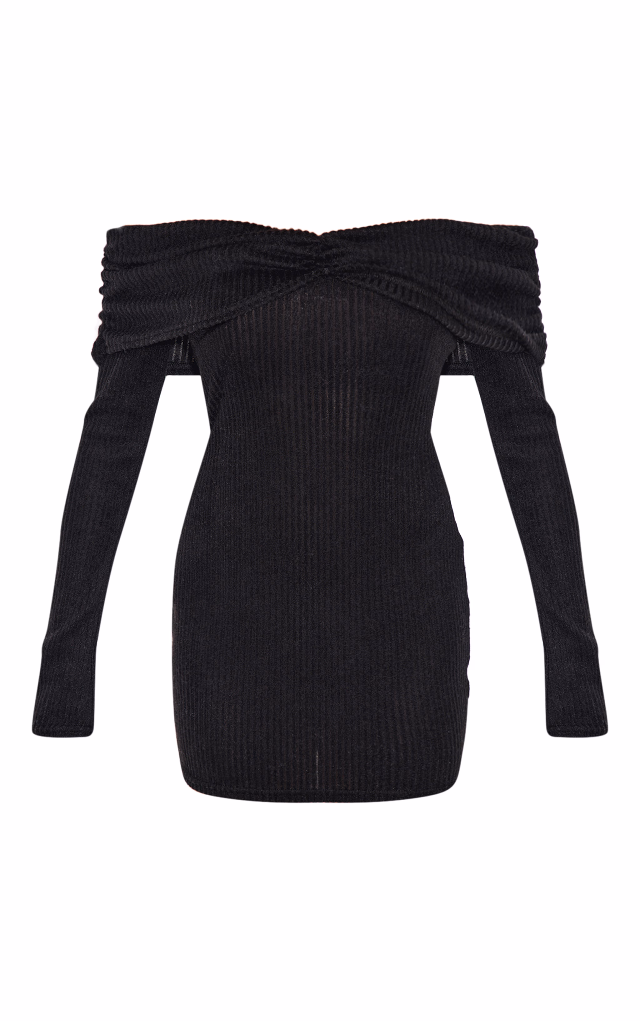 Black Brushed Rib Bardot Long Sleeve Bodycon Dress