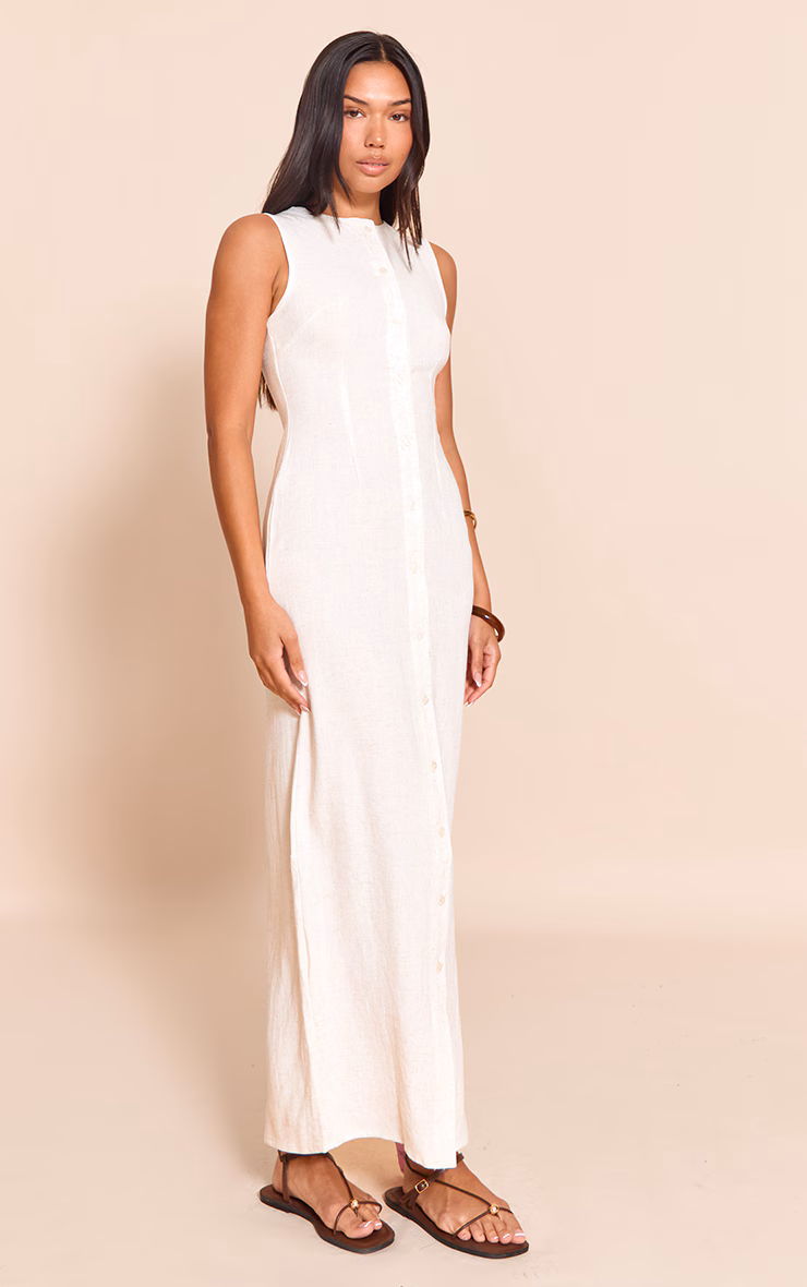 Natural Textured Button Down Sleeveless Maxi Dress