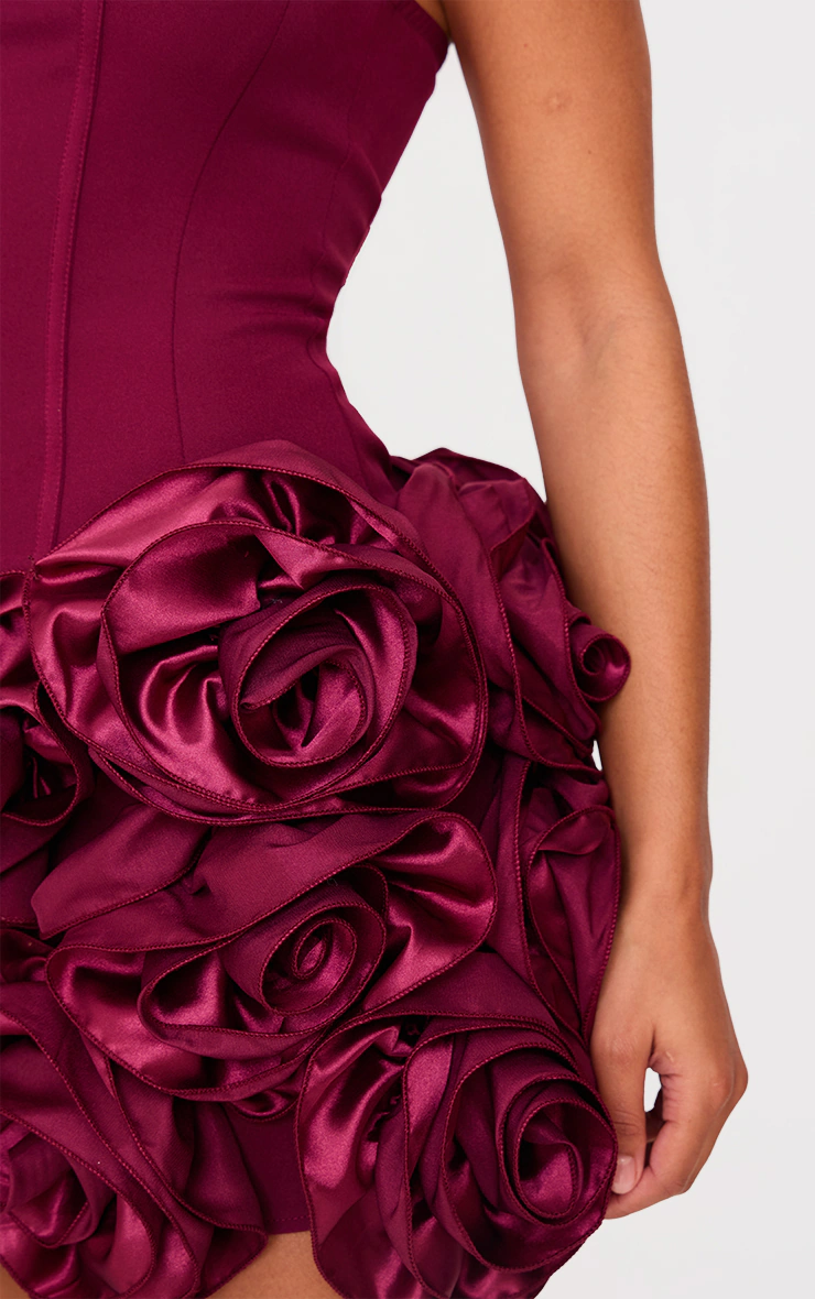 Burgundy Boned Corset Flower Detail Bodycon Dress