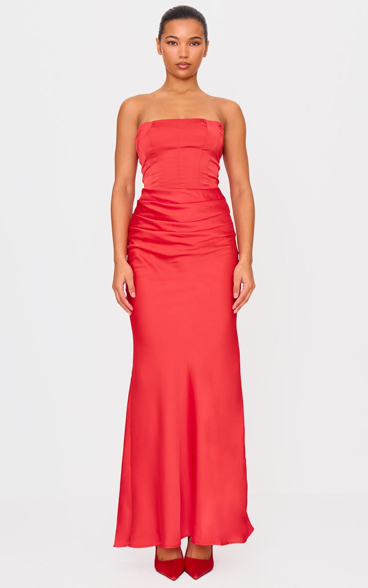 Red Satin Corset Detail Draped Maxi Dress