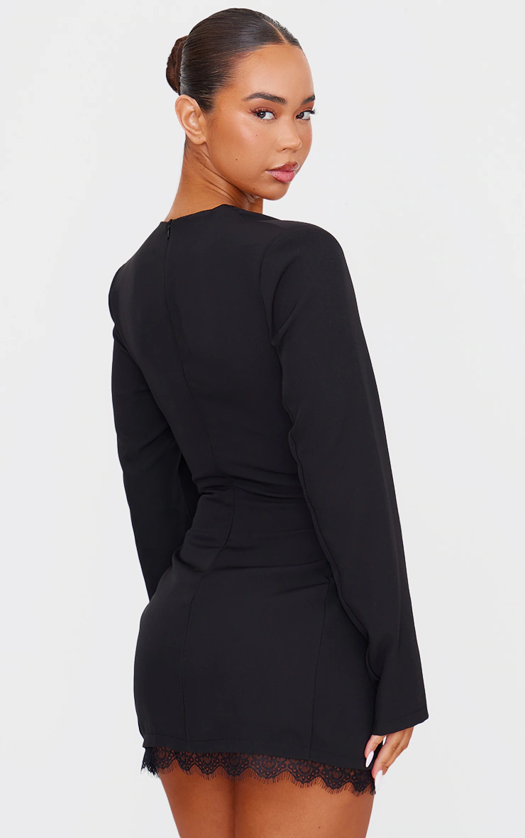 Black Woven Lace Trim Detail Blazer Dress