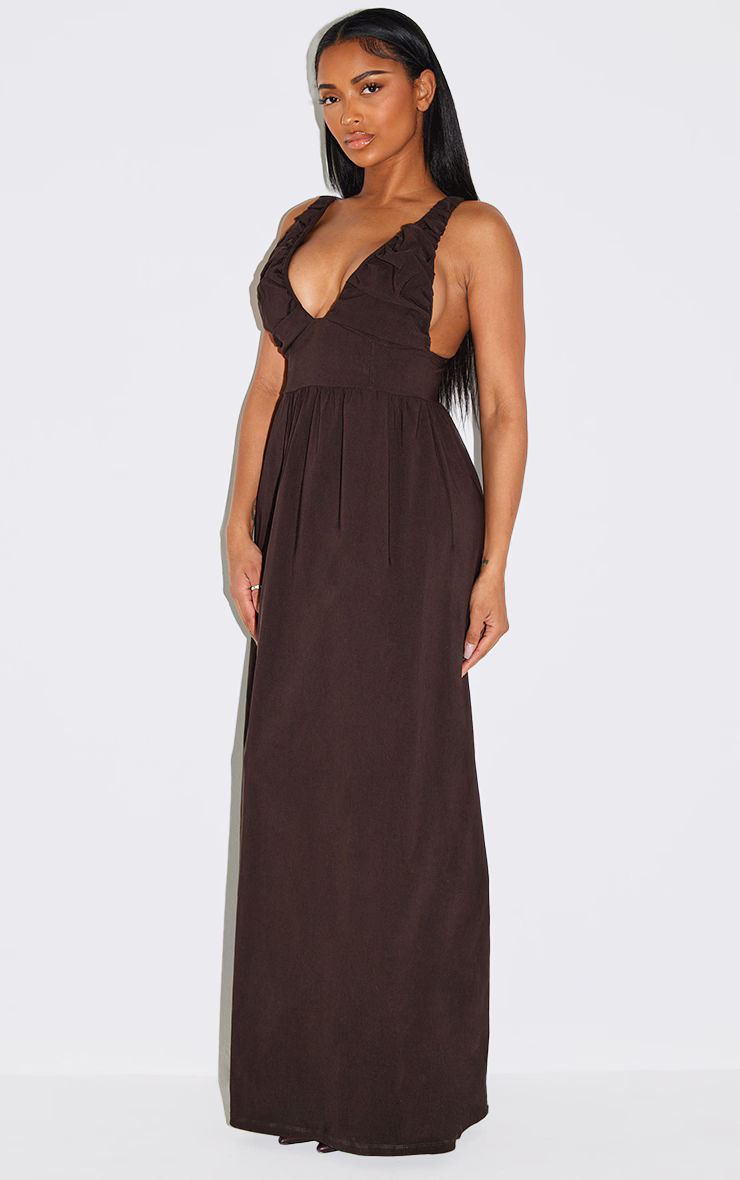 Shape Chocolate Stretch Woven Ruched Plunge Front Maxi Dress