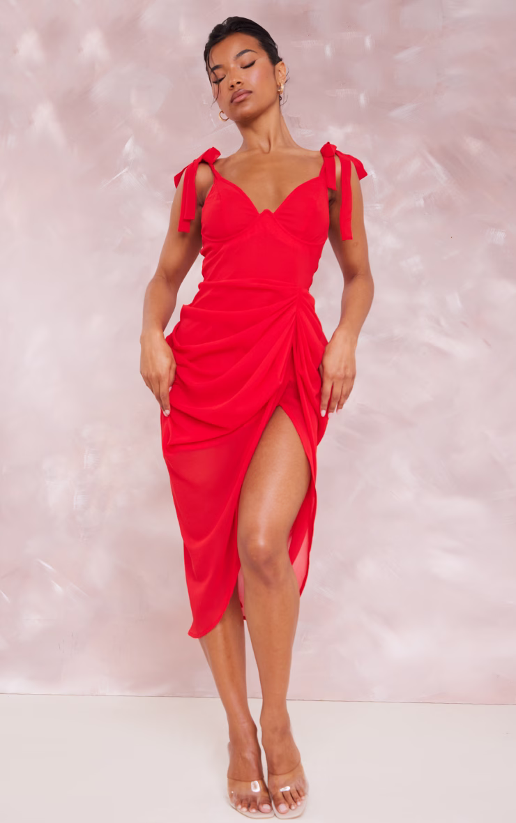 Red Underwire Detail Draped Midi Dress