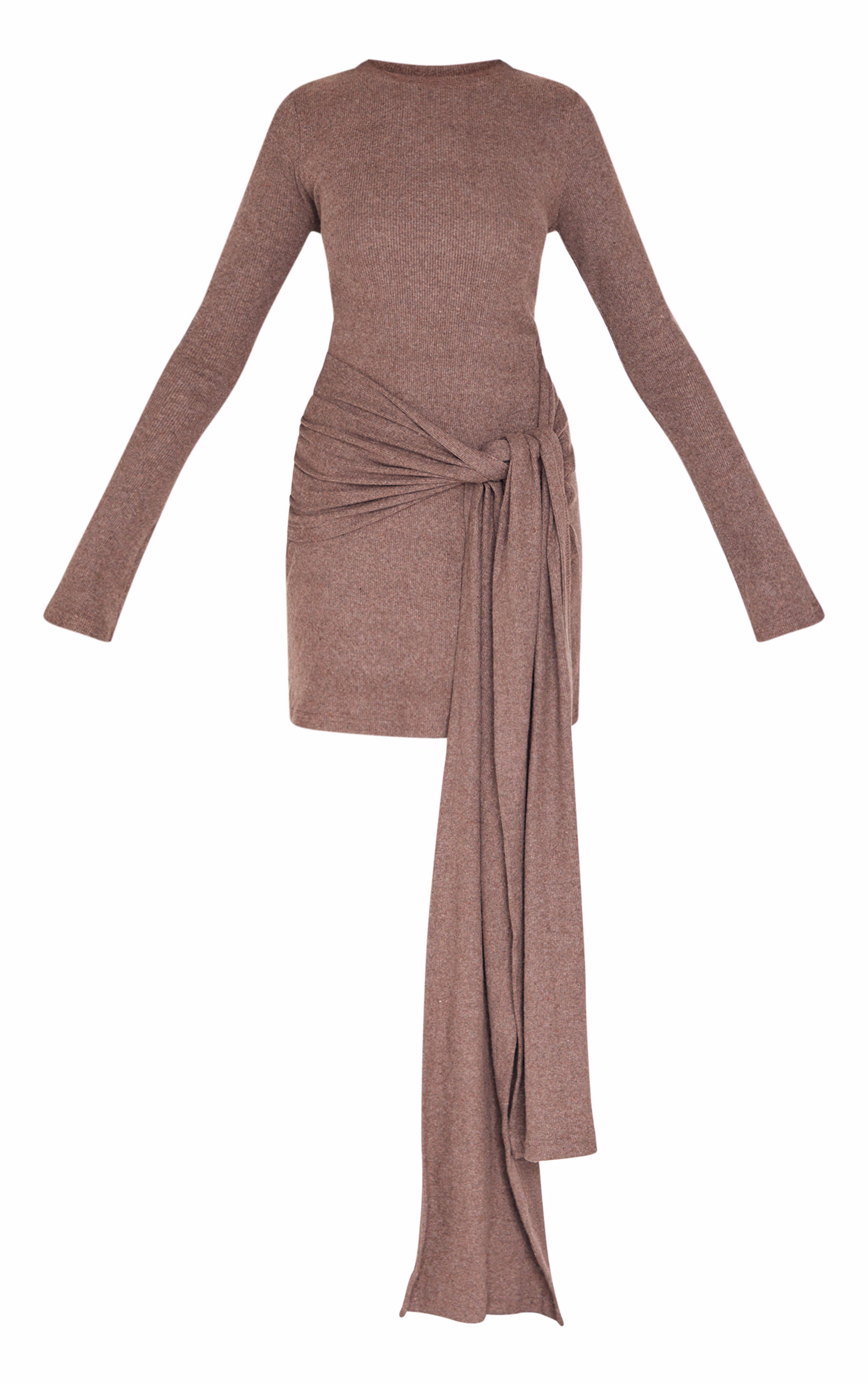 Chocolate Heavy Brushed Rib Boat Neck Wrap Tie Bodycon Dress
