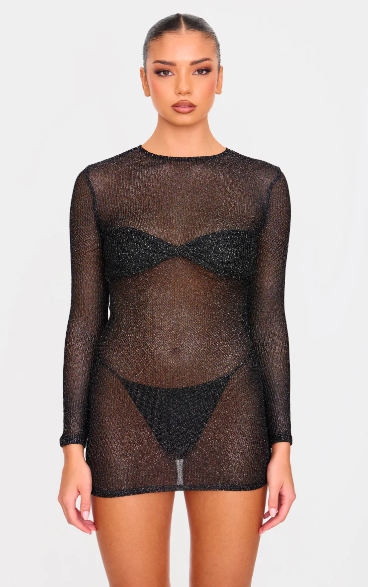 Black Metallic Ribbed Twist Bust Long Sleeve Mini Dress