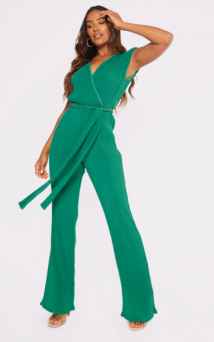 Bright Green  Pleated Shoulder Pad Flared Leg Jumpsuit