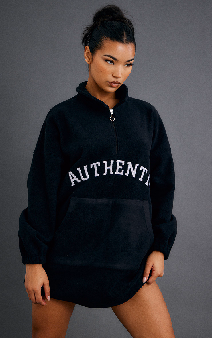 Black Authentic Graphic Half Zip Fleece Sweater Dress