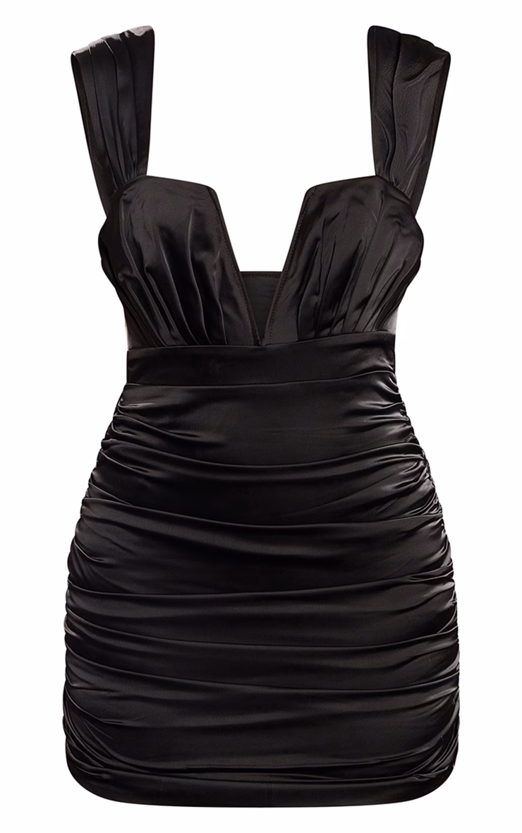 Black Premium Constructed Satin V Bar Ruched Mini Dress