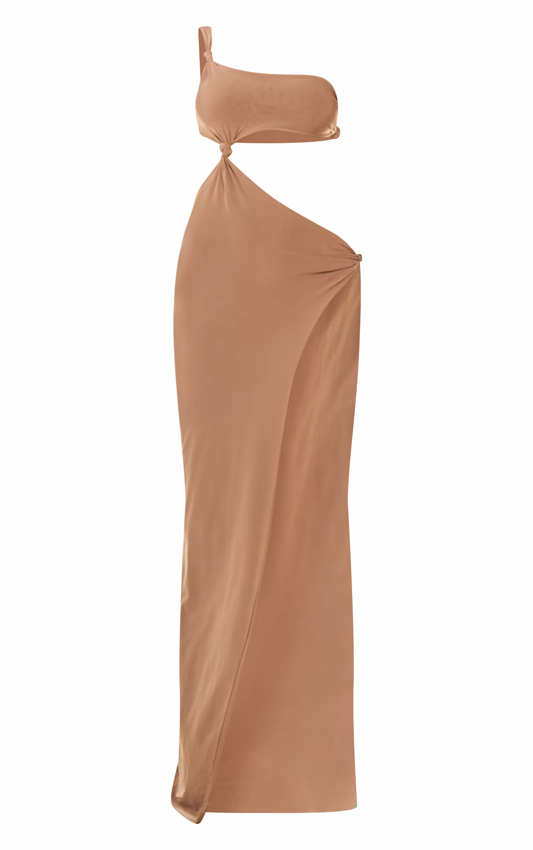 Sand Double Layer Slinky Asymmetrical Knotted Maxi Dress