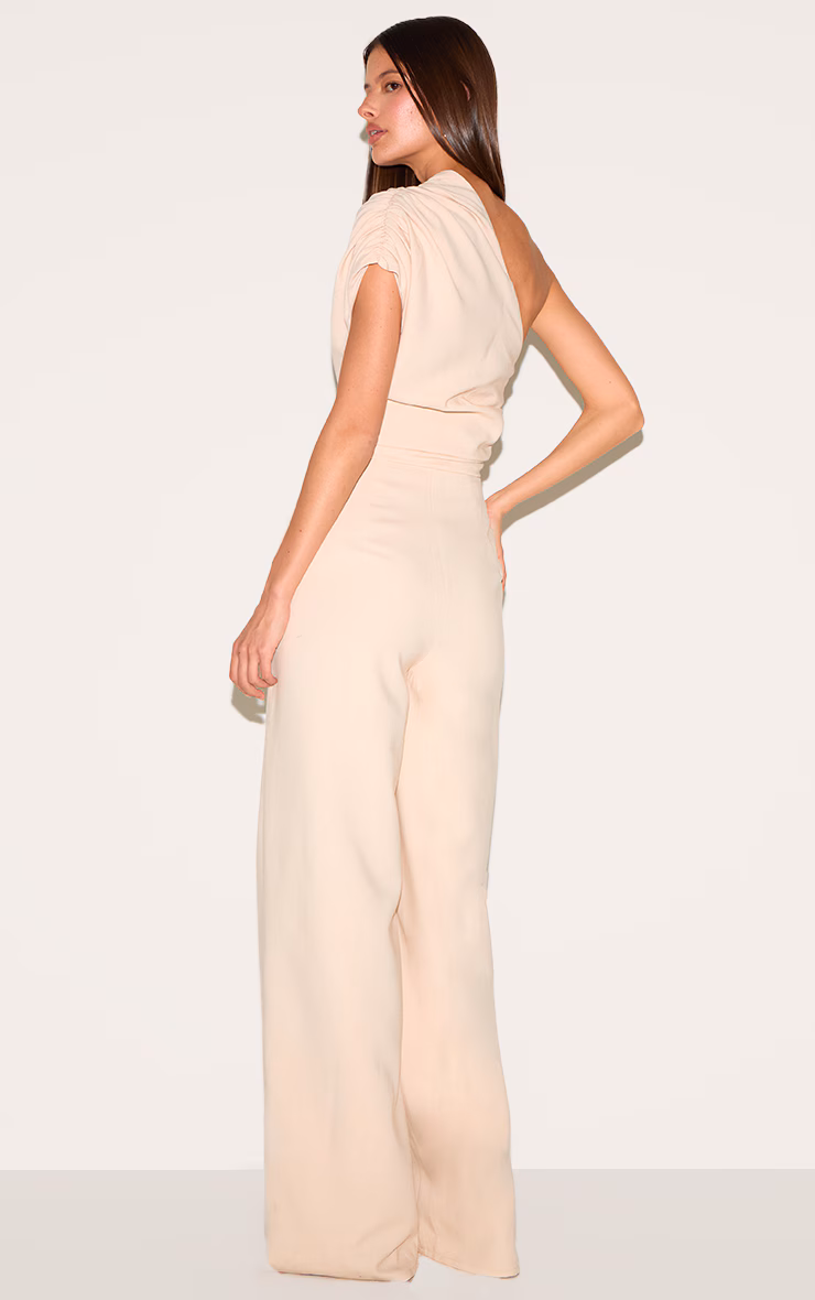 Sand Asymmetric Ruched Wide Leg Jumpsuit