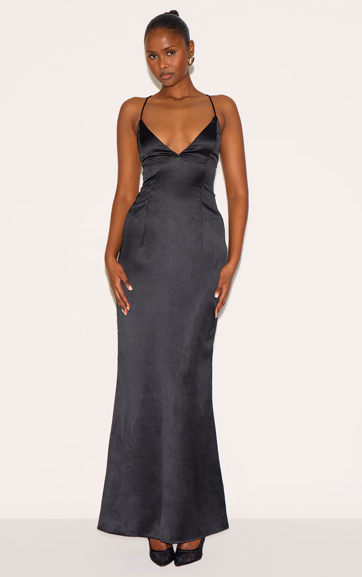 Black Satin Tie Back Maxi Dress