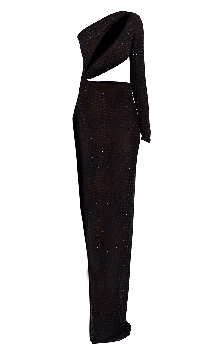 Black Embellished Mesh One Sleeve Extreme Cut Out Maxi Dress
