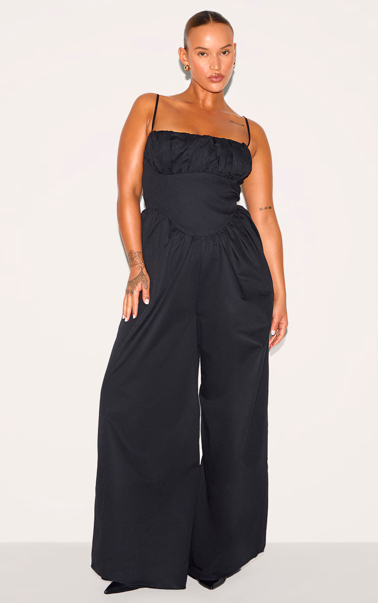 Plus Black Premium Ruched Corset Detail Wide Leg Jumpsuit