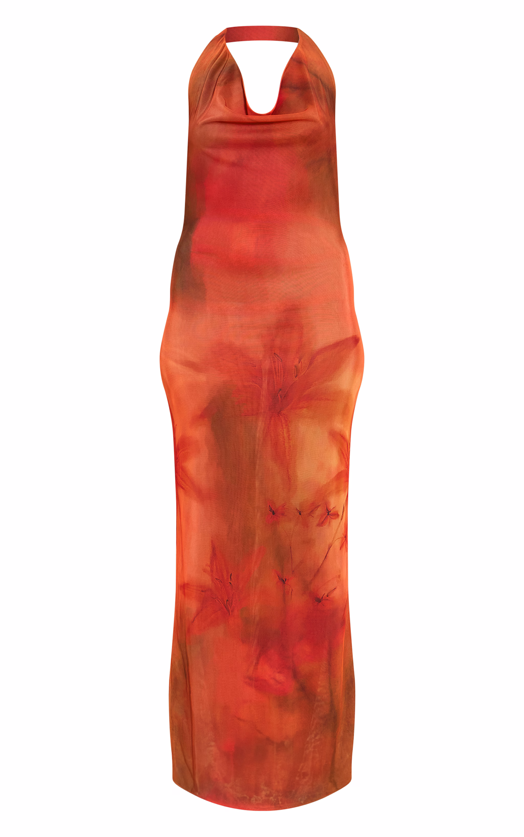 Red Floral Print Halter Neck Plunge Maxi Dress