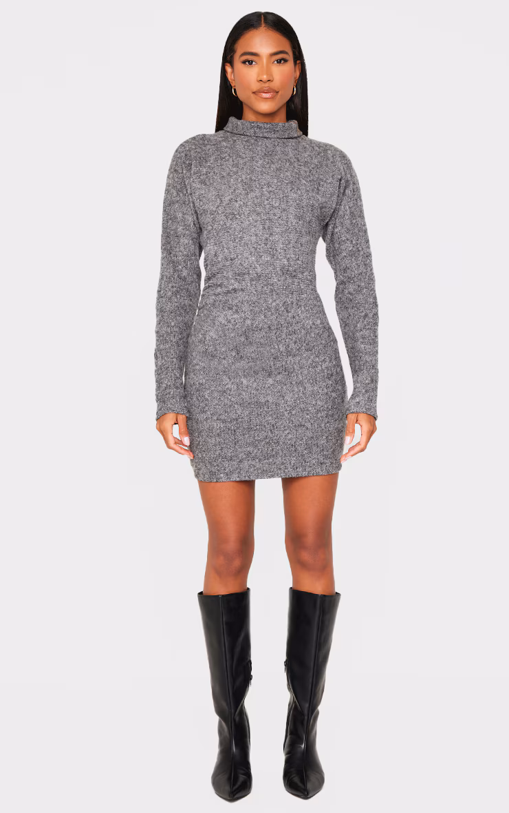 Charcoal Slouchy Ruched Detail High Neck Bodycon Dress