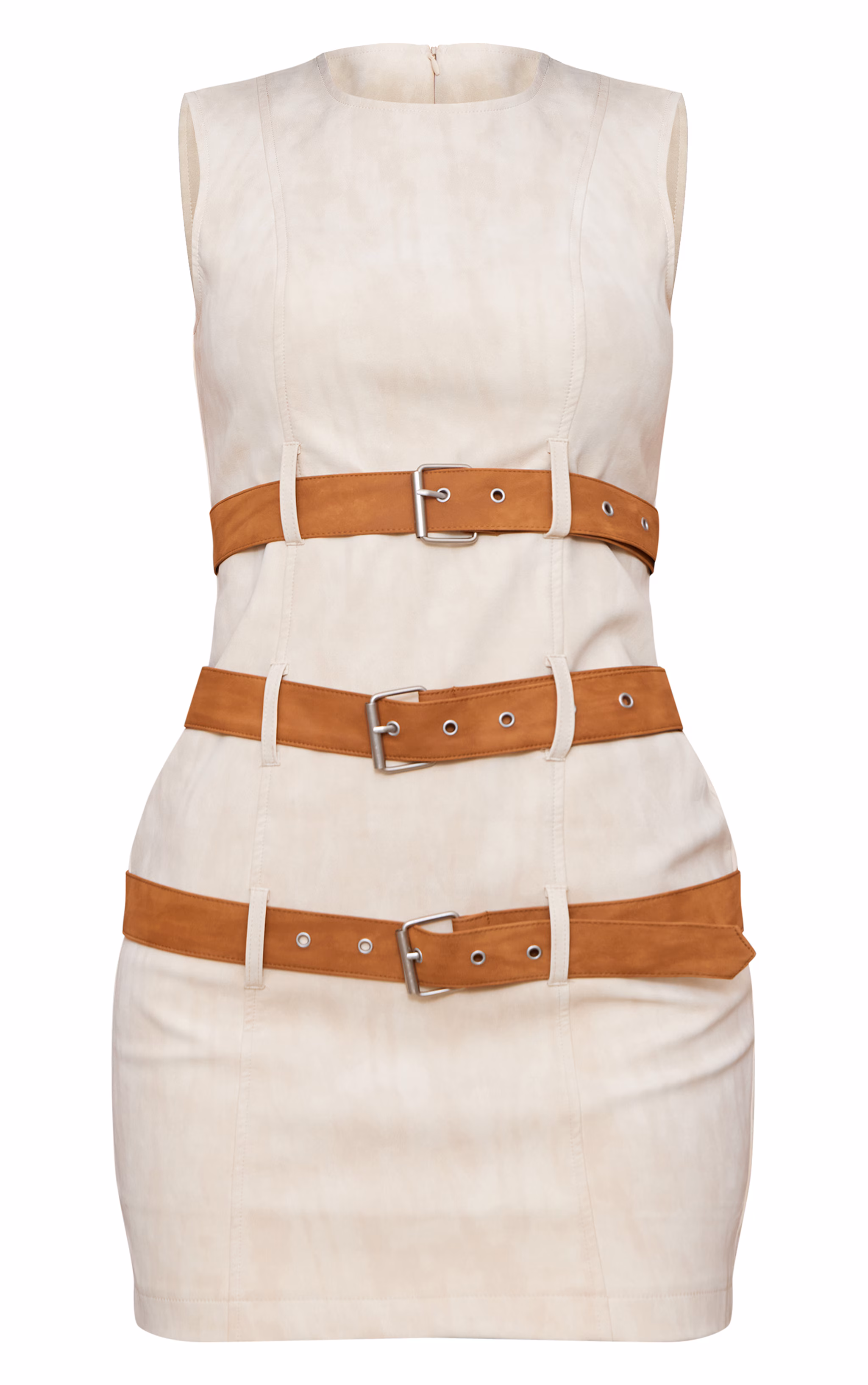 Cream Faux Leather Belted Bodycon Dress