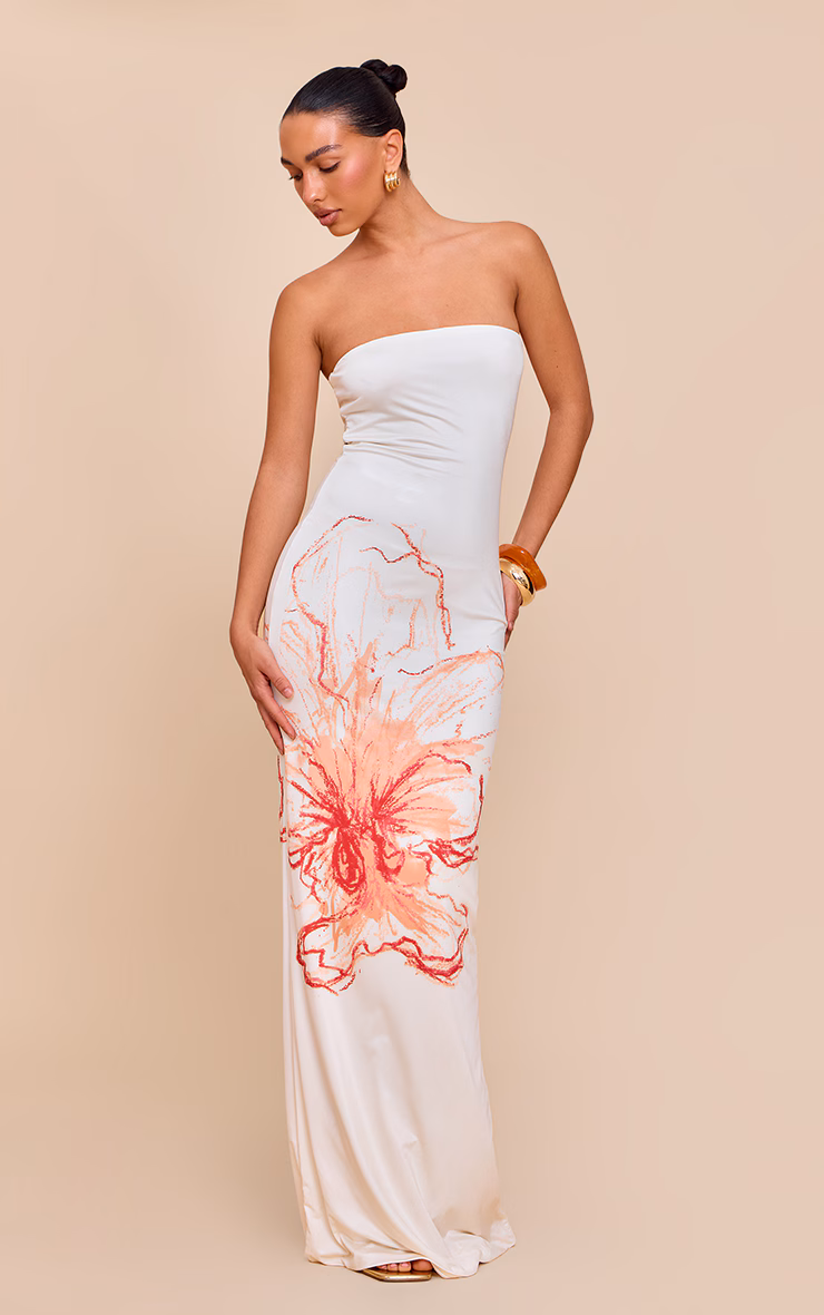 Cream Floral Printed Bandeau Maxi Dress