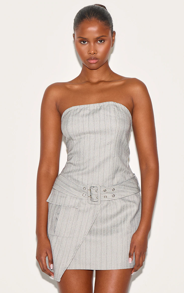 Grey Pinstripe Bandeau Belted Pocket Detail Shift Dress