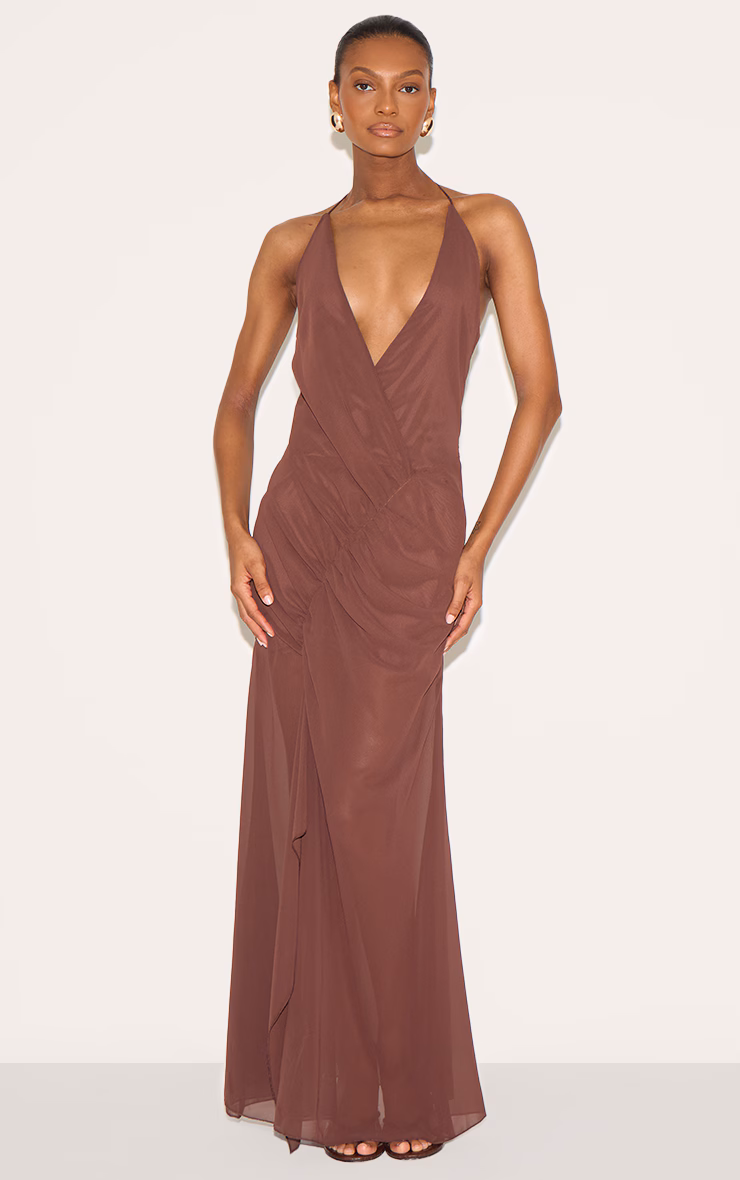 Chocolate Chiffon Asymmetric Ruched Maxi Dress