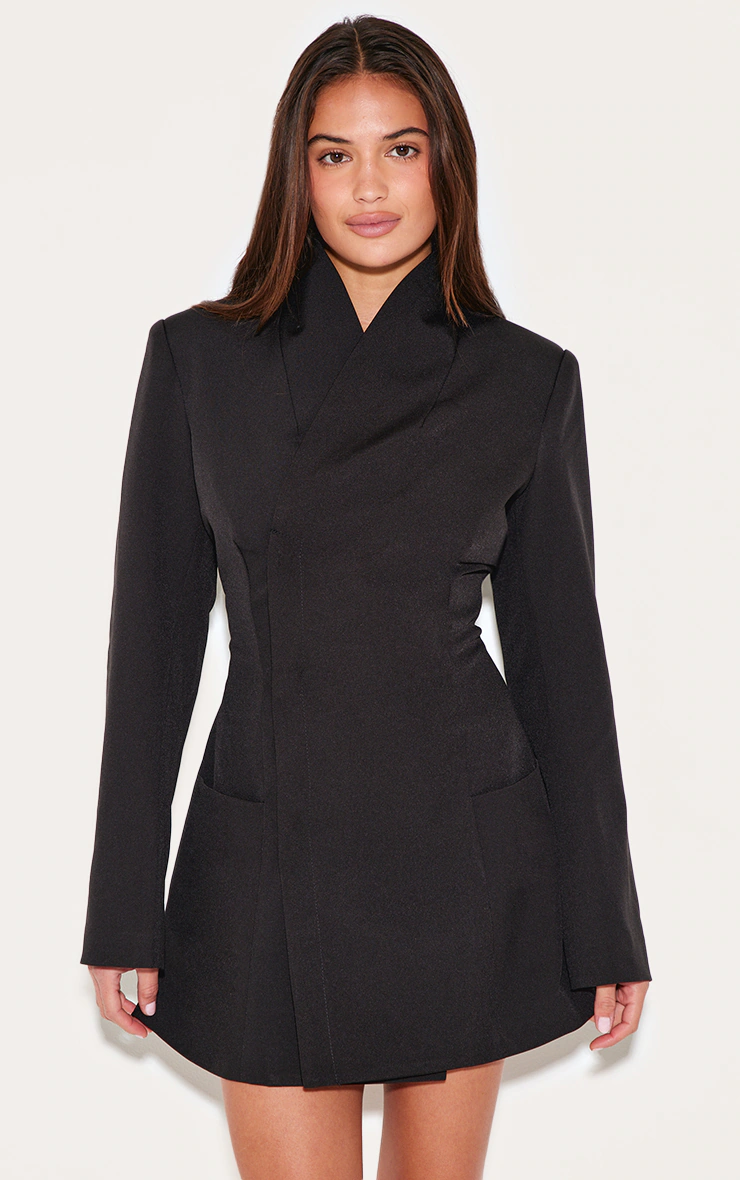 Black Woven Collarless Blazer Dress