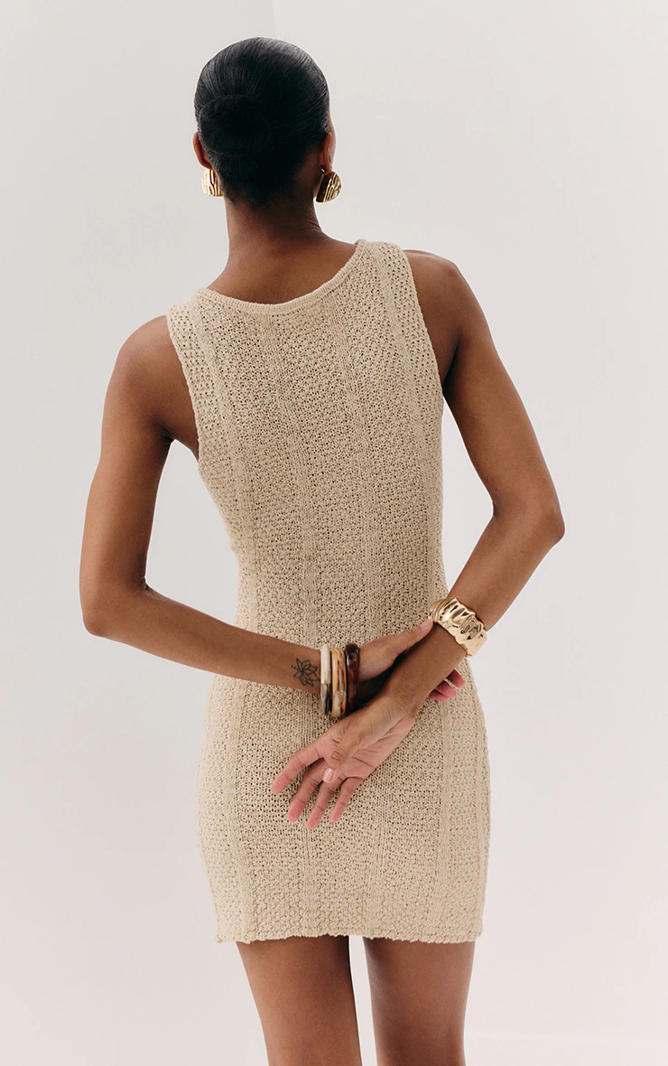 Oatmeal Textured Filigree Knit Boat Neck Mini Dress