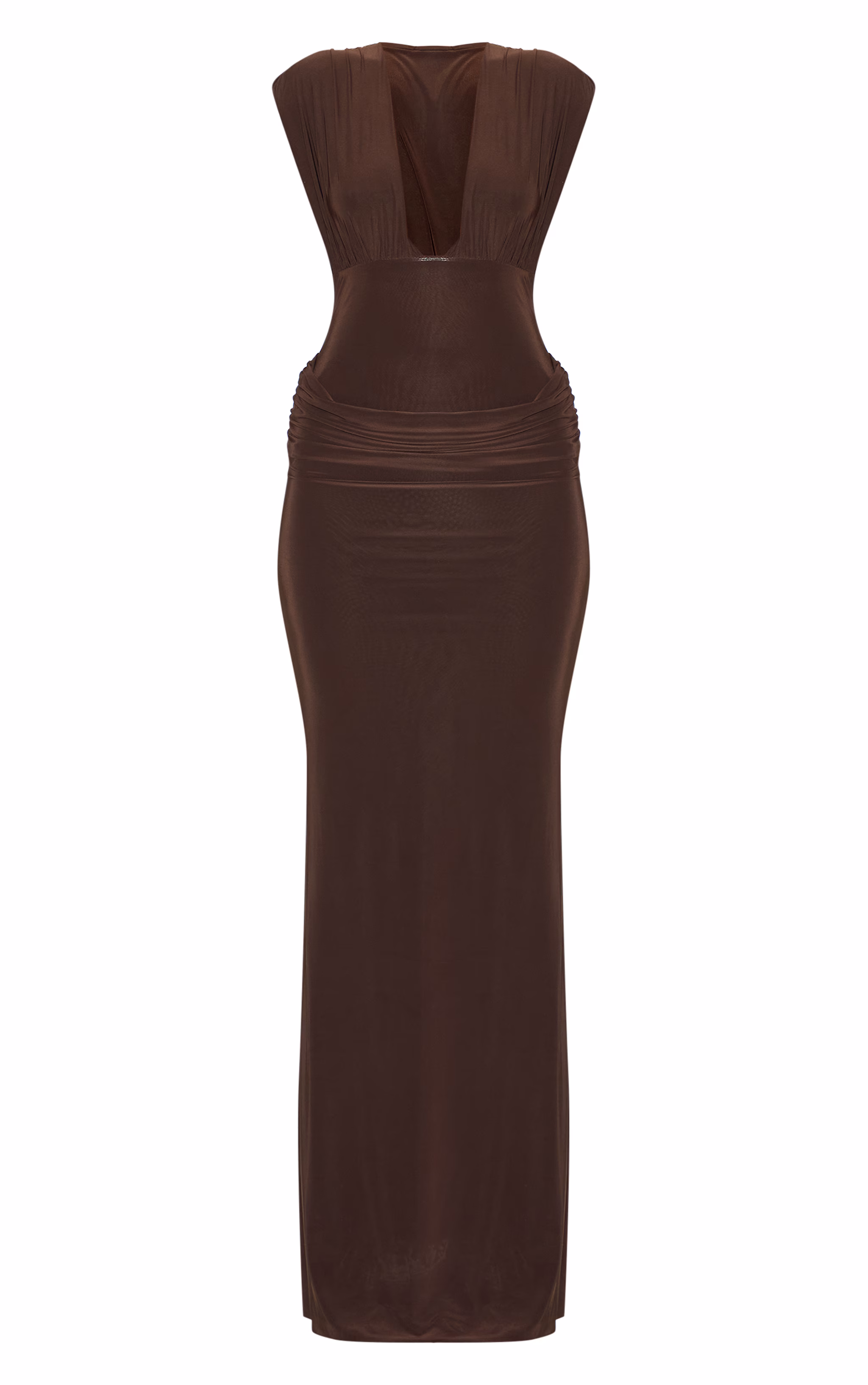 Chocolate Brown Double Layer Plunge Ruched Shoulder Drape Waist Maxi Dress