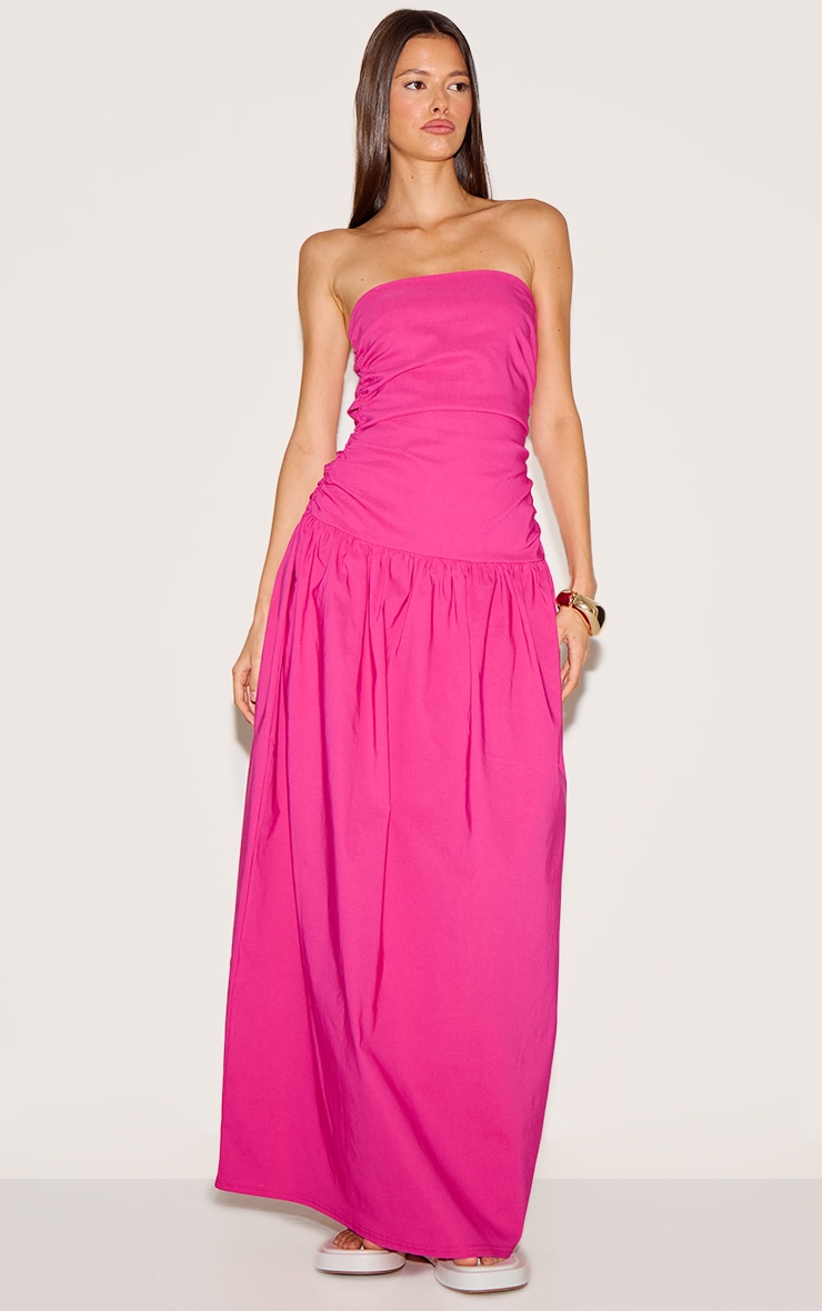 Fuchsia Stretch Woven Bandeau Ruched Maxi Dress