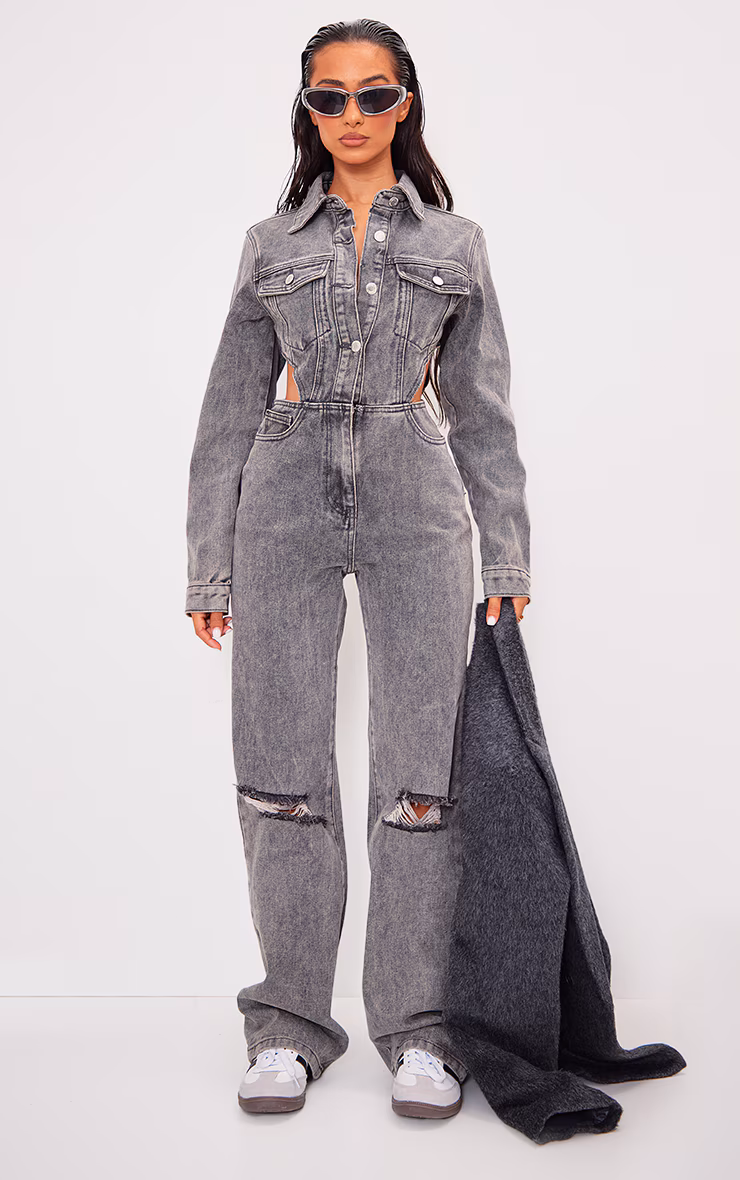 Petite Washed Grey Denim Cut Out Jumpsuit