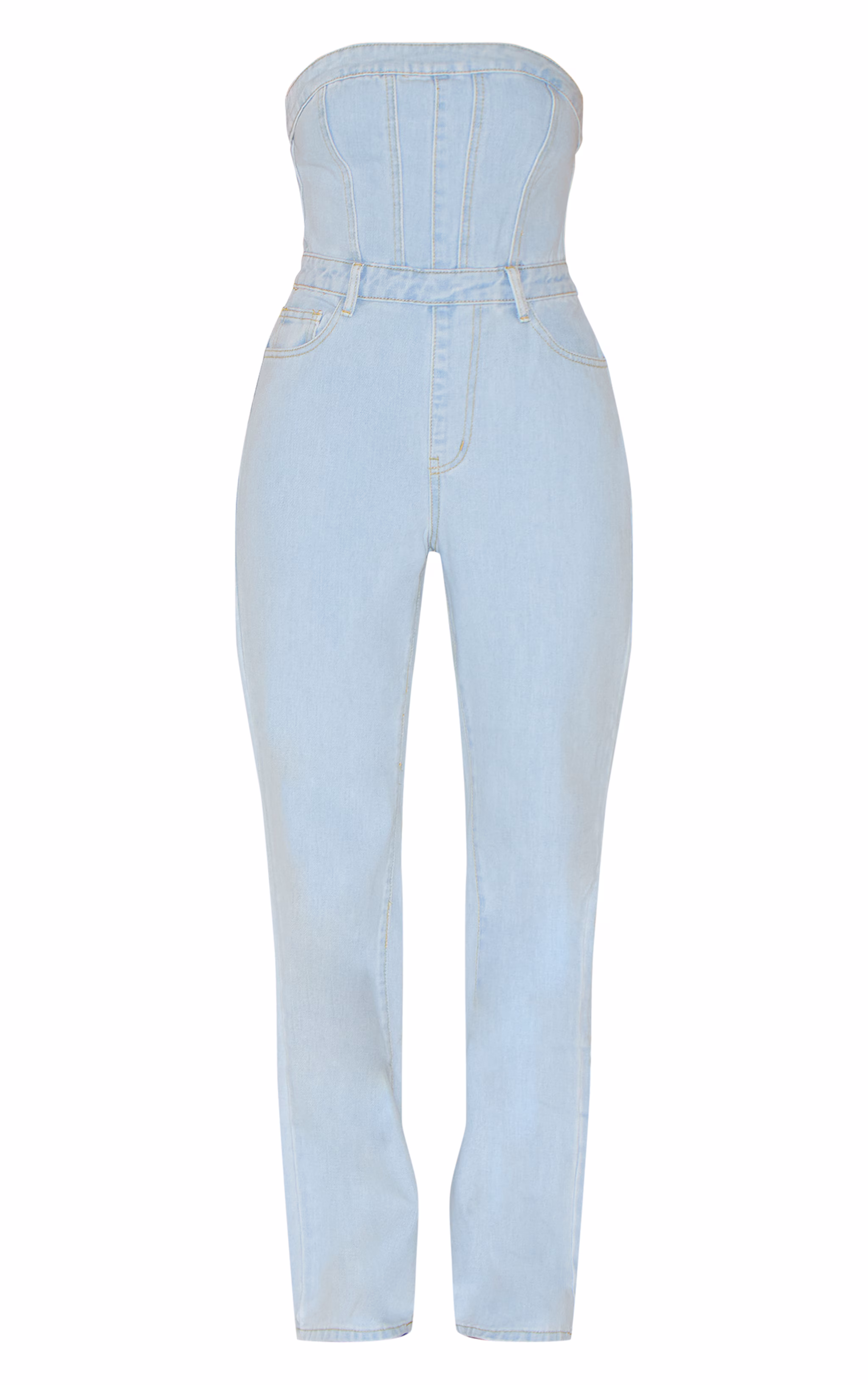 Light Blue Wash Bandeau Denim Jumpsuit