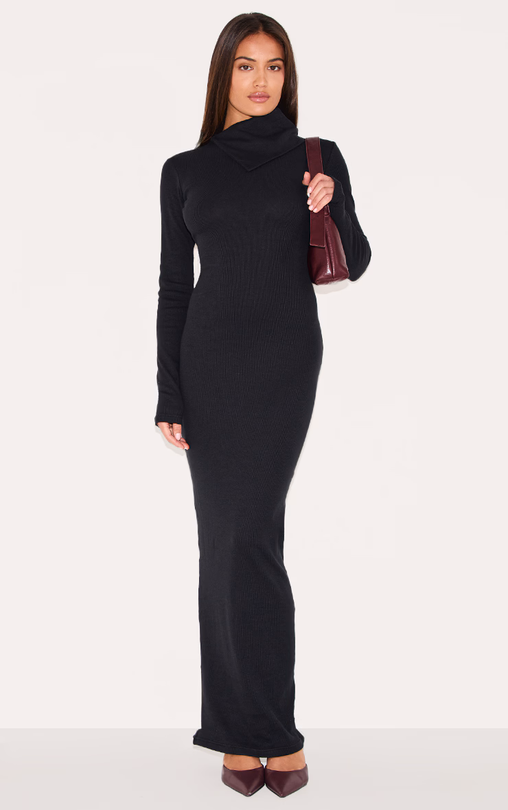 Black Rib Oversized Collar Maxi Dress