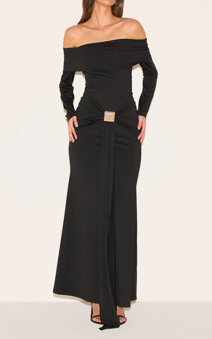Black Bardot Long Sleeve Trim Drape Detail Maxi Dress
