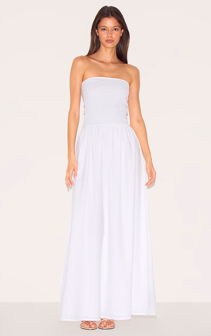 White Bandeau Shirred Detail Maxi Dress