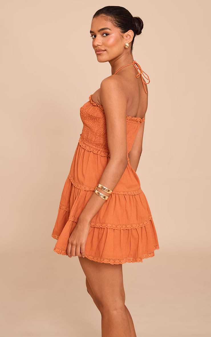 Burnt Orange Bandeau Shirred Broderie Trim Shift Dress