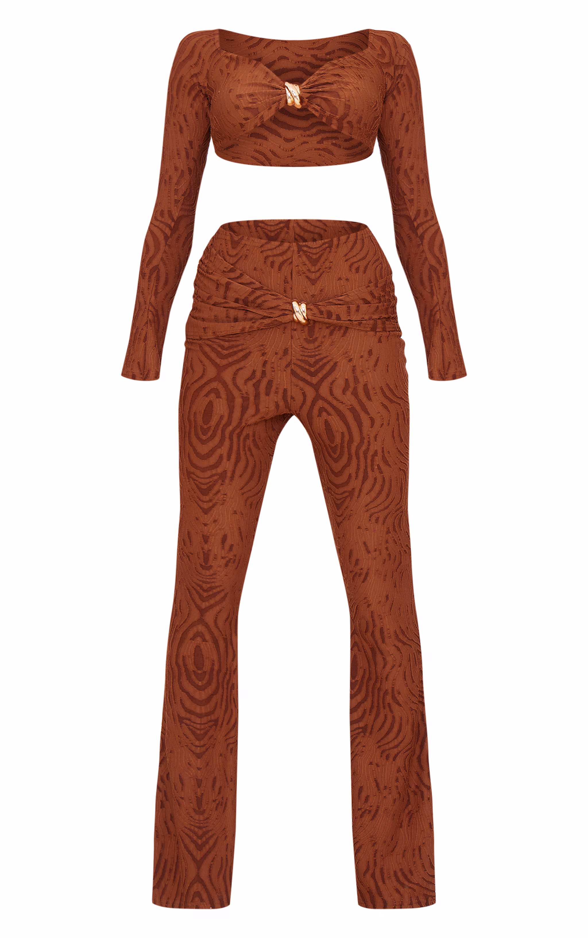 Chocolate Devore Long Sleeve Trim Cut Out Detail Jumpsuit