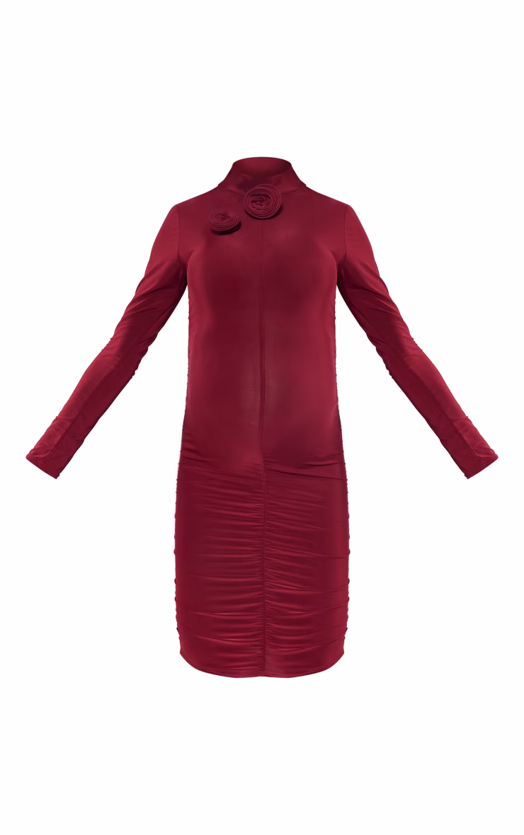 Maternity Burgundy Slinky Flower Detail Mini Dress