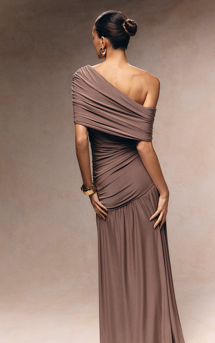 Taupe Double Layer Slinky Bardot One Shoulder Ruched Maxi Dress