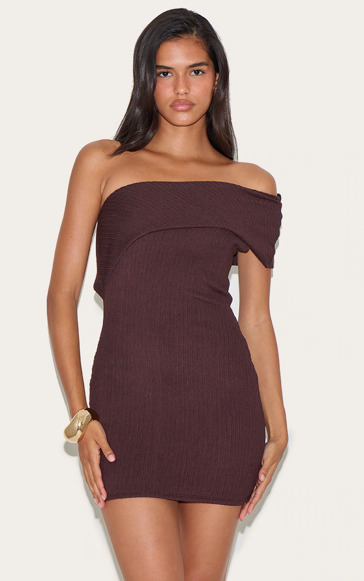 Chocolate Textured One Shoulder Bardot Bodycon Dress