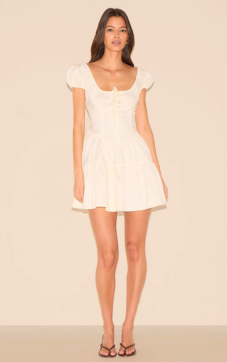 Natural Bardot Shirred Detail Shift Dress