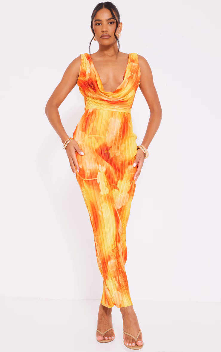 Orange Floral Print Plisse Cut Out Halterneck Maxi Dress