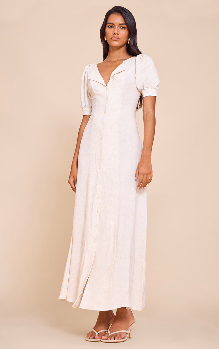 Natural Linen Look Button Puff Sleeve Midaxi Dress